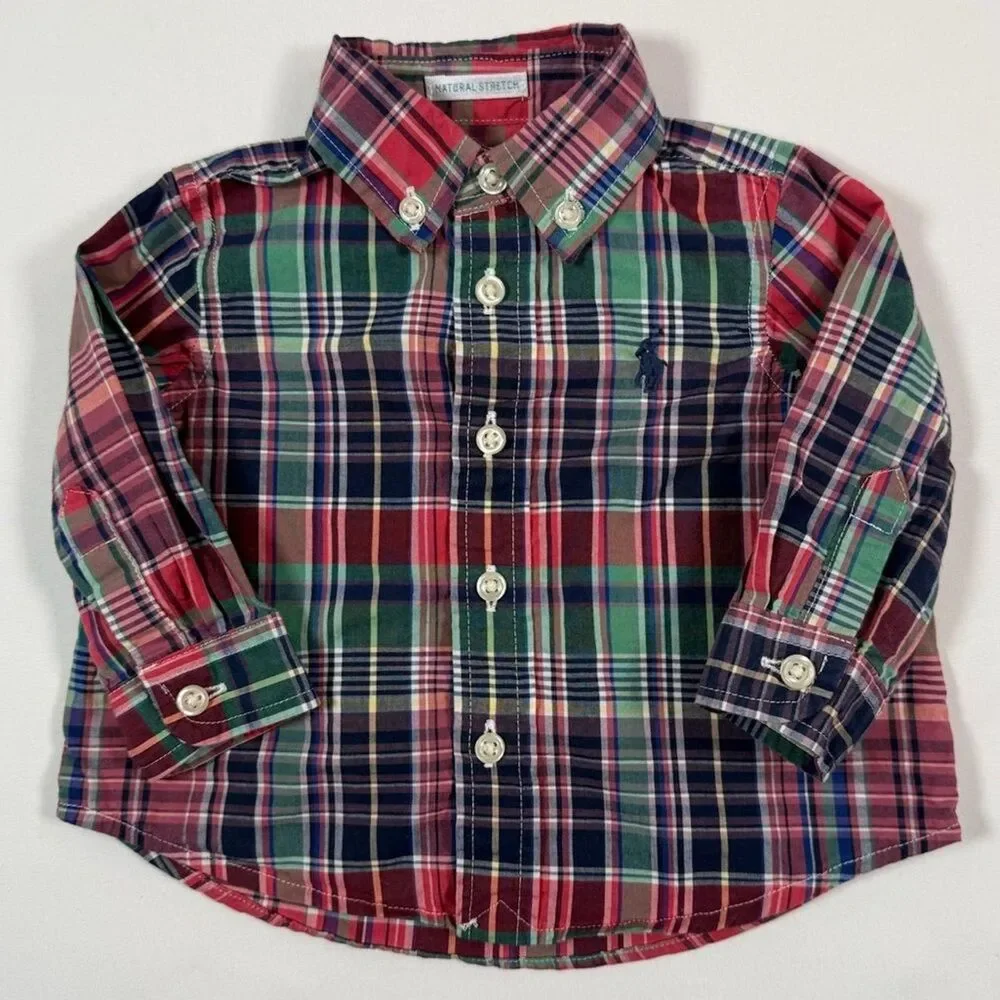 RALPH LAUREN Baby Boys' Natural Stretch Tartan Plaid Long Sleeve Button Down 3M